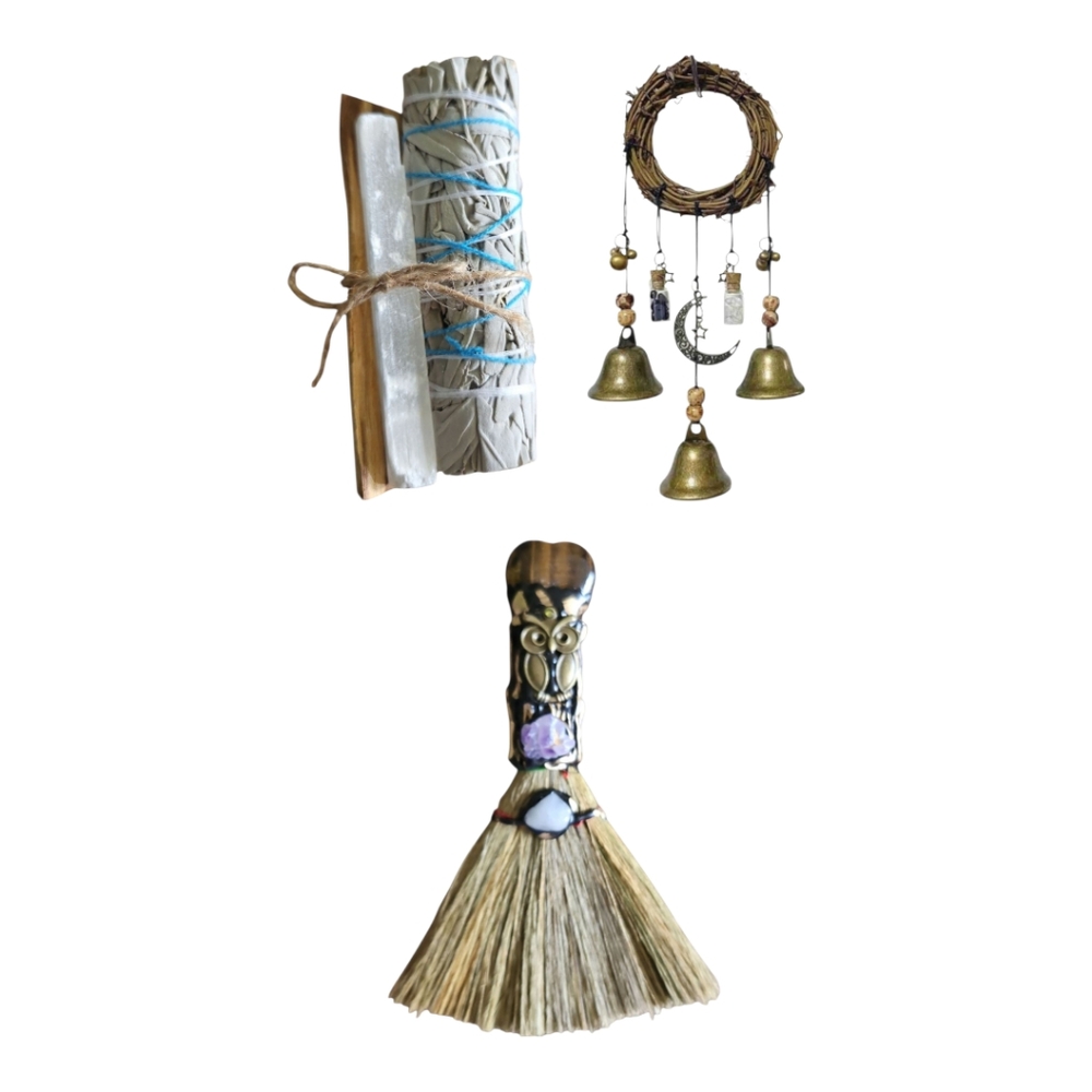 Tiger's Eye Handled Alter Broom. Witch Bells & Sage Bundle